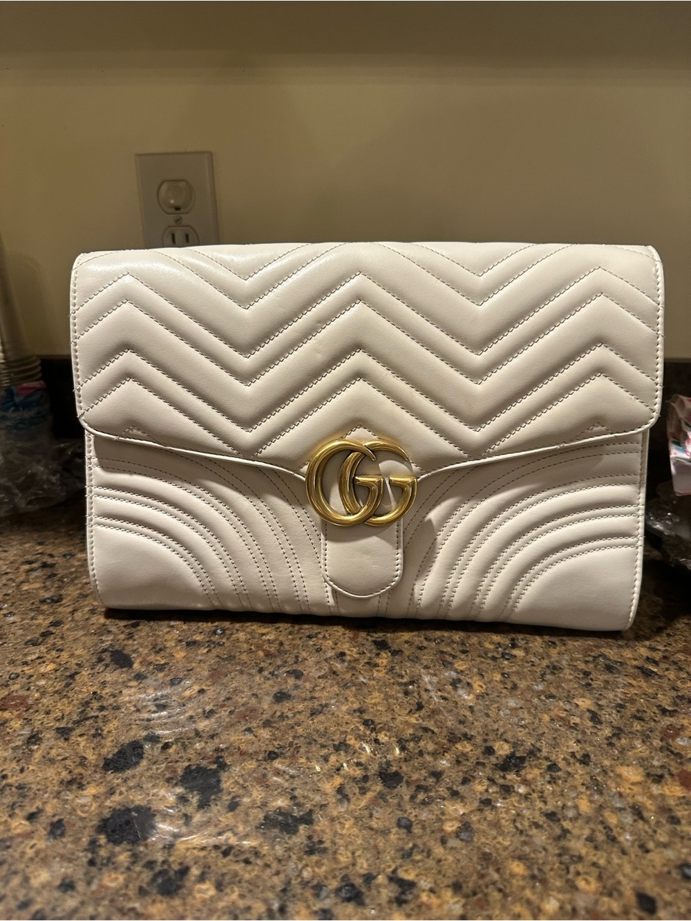 Gucci White Quilted GG Marmont Leather Clutch with Gold Hardware